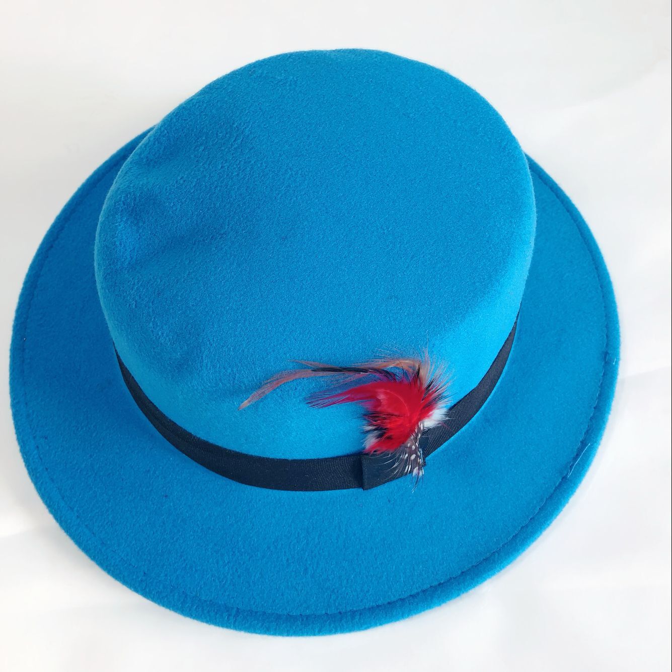 欧美外贸秋冬平顶仿毛呢礼帽女士英伦时尚仿羊毛复古个性帽子羽毛