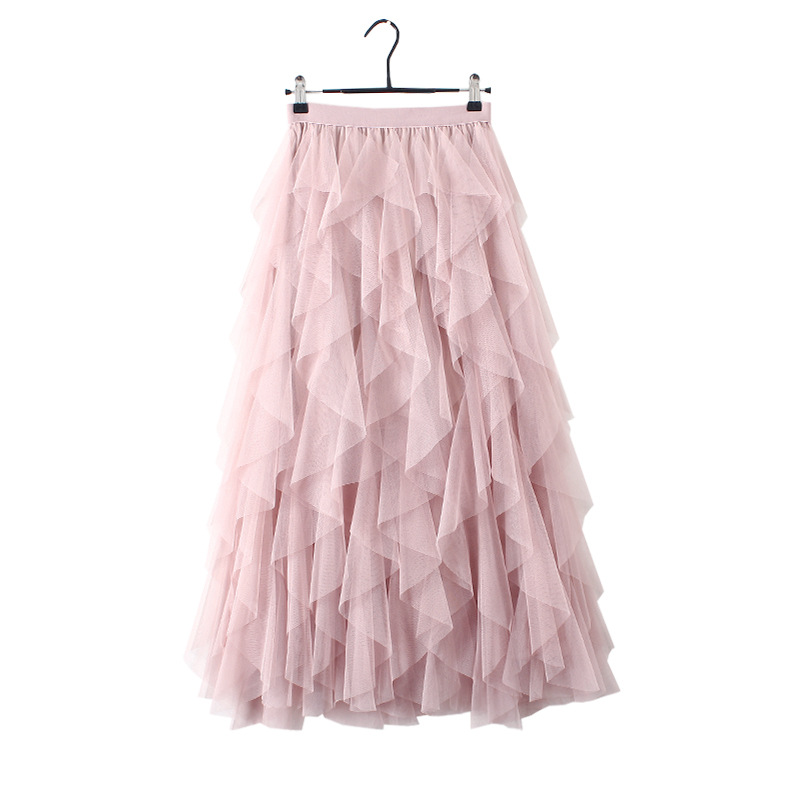 Spring 2023 Korean Style Elastic Waistband Fashionable All-Match Slimming Mesh Stitching Irregular Mid-Length High Waist Skirt