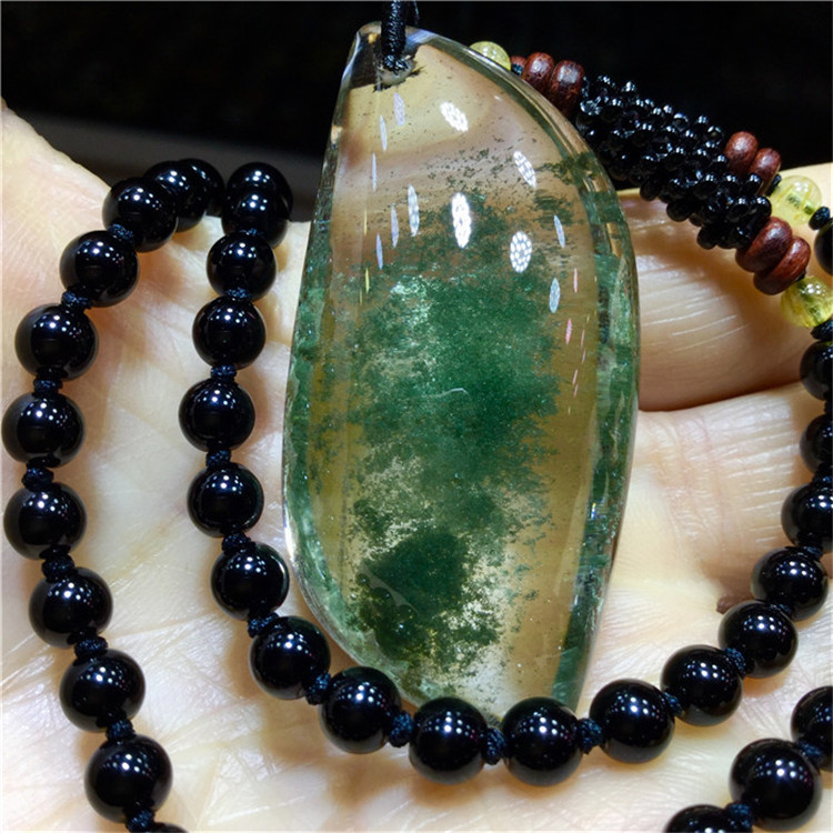 东海水晶天然绿幽灵聚宝盆原石随形平安无事牌吊坠
