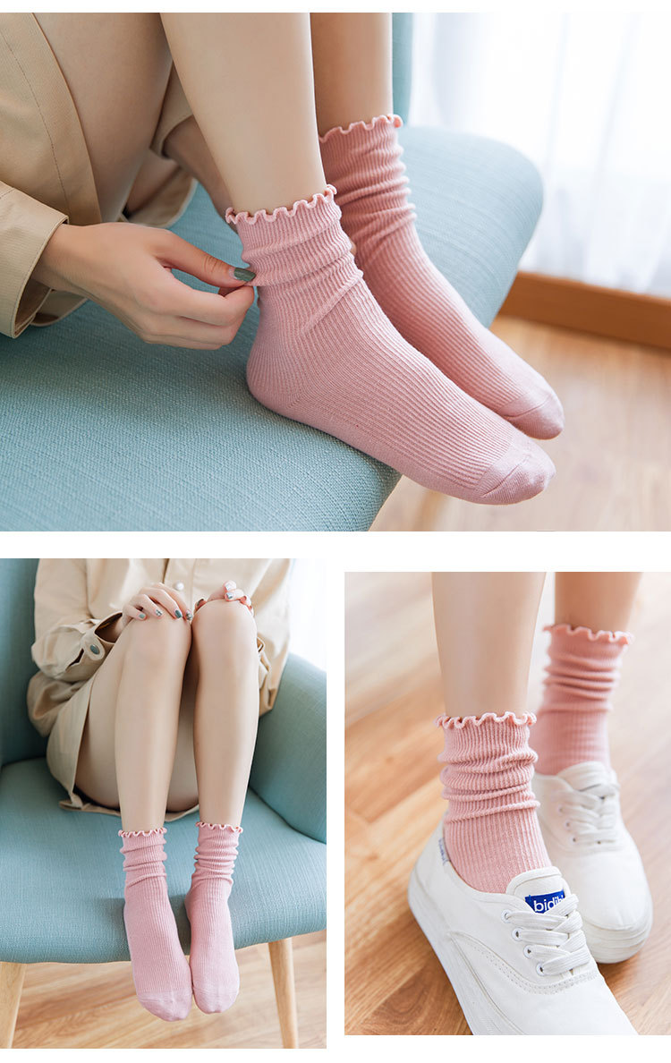 秋冬新款全棉木耳边堆堆袜女韩版日系糖果色卷边中筒袜长袜子批发
