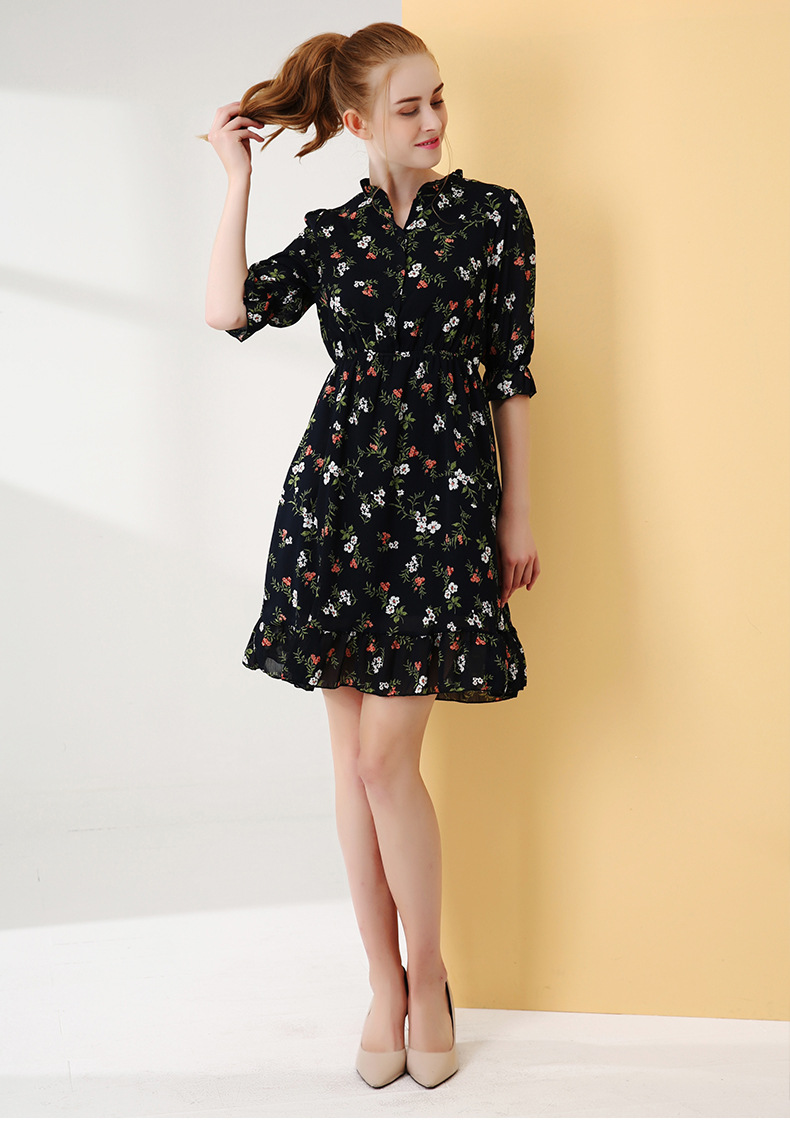 小个子碎花雪纺连衣裙女2019夏新款中袖收腰显瘦中长款印花裙子