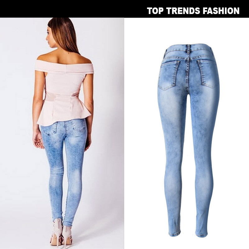 European and American Women's Clothing Mid-Waist Slim Fit Elastic Irregular Washed and Frayed Ripped Denim Trousers EBay Hot Sale Large Sizes Availiable