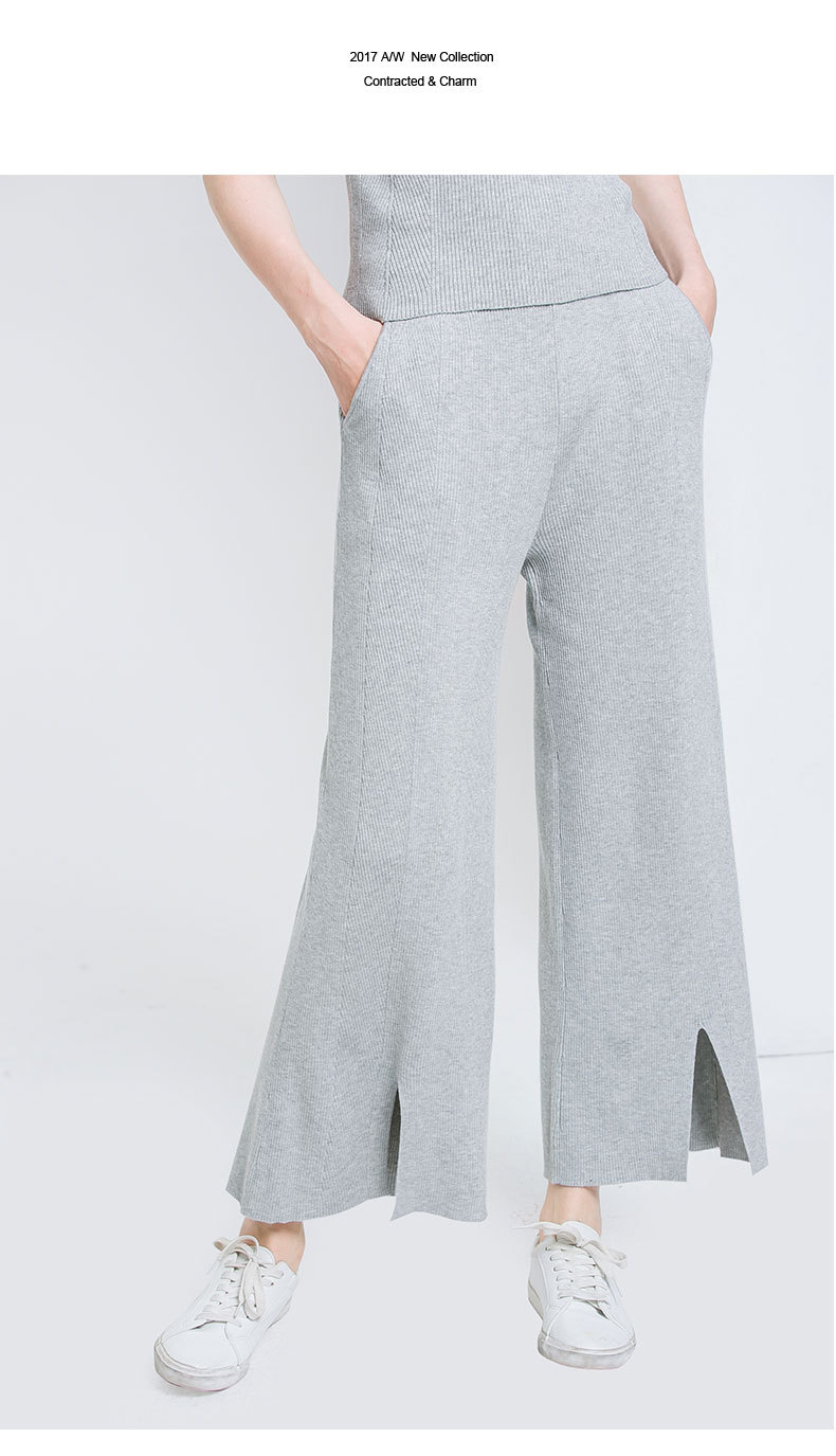 女裤子新款2018春夏季欧美风丝光棉裤边u字开叉休闲针织阔腿裤女