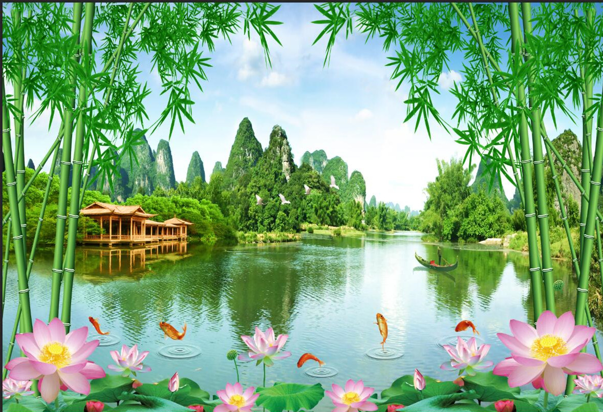 山水风景壁画电视背景墙壁纸现代中式家和竹子客厅影视沙发墙布