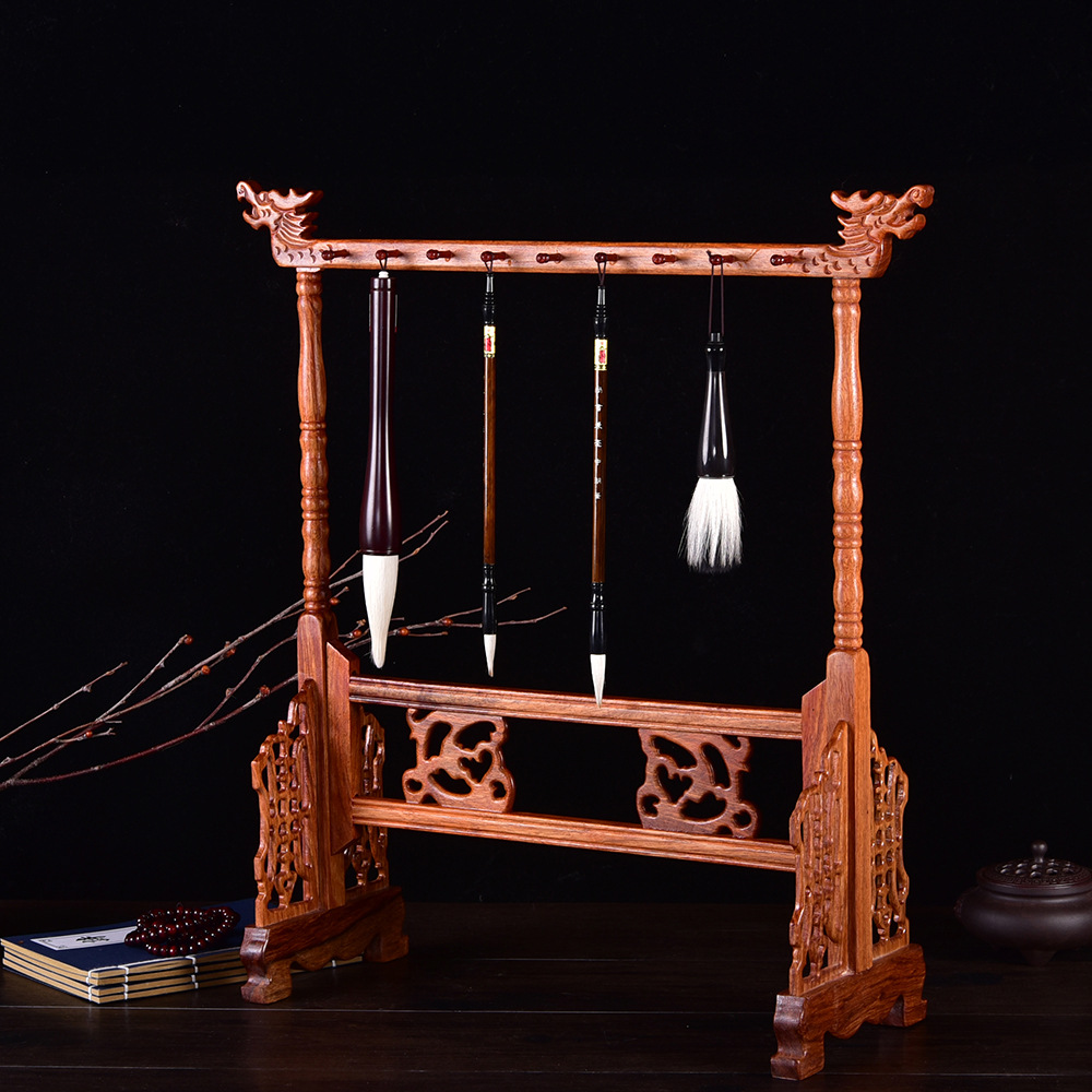 花梨木中号龙头笔挂 雕刻实木龙头笔挂毛笔架 文房四宝批发