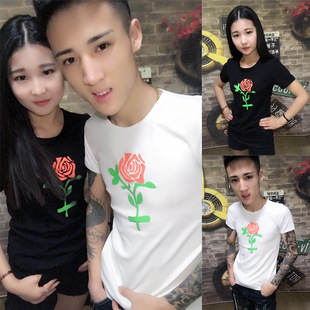 夏季男女韩版修身t恤衫网红精神社会小伙紧身短袖情侣装潮半截袖
