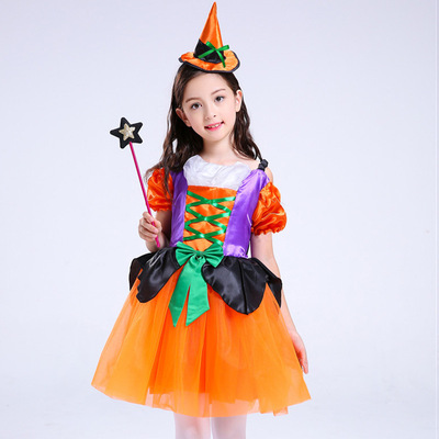 万圣节儿童服装幼儿园女童女巫演出派对套装黄色精灵裙装披风衣服