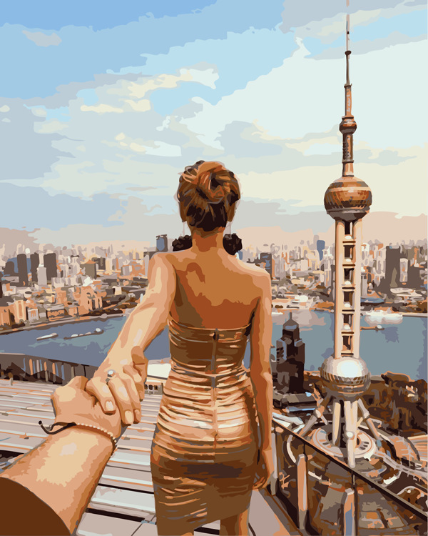 跨境一件代发无框diy数字油画 旅行人物风景牵手批发外贸速卖通
