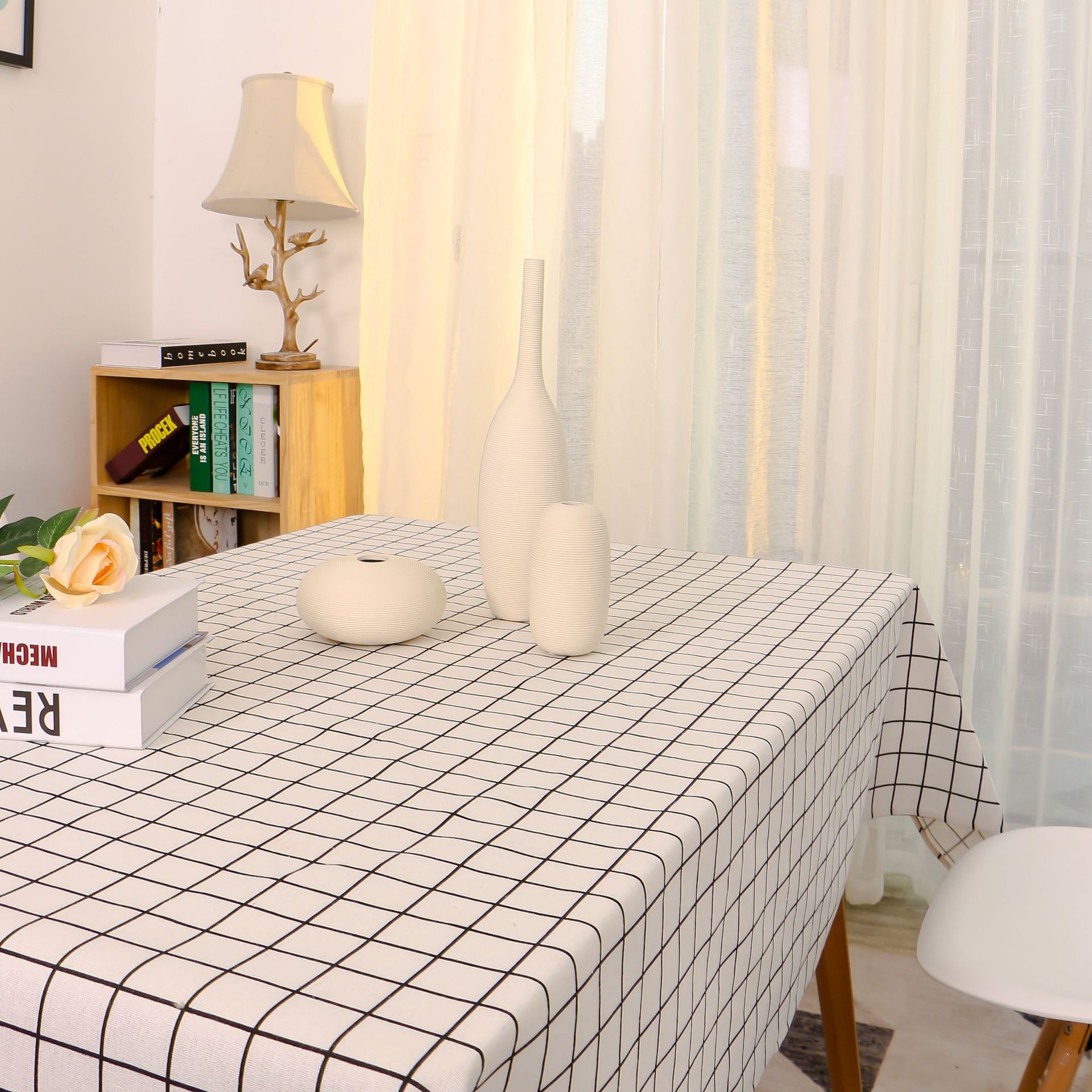 跨境专供北欧家用餐桌布 黑白格子棉麻桌布 现代简约茶几台布定制