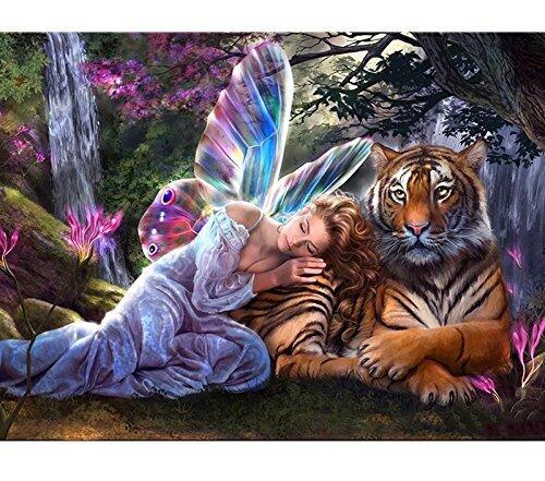 森林里的蝴蝶仙子与老虎美女钻石画
