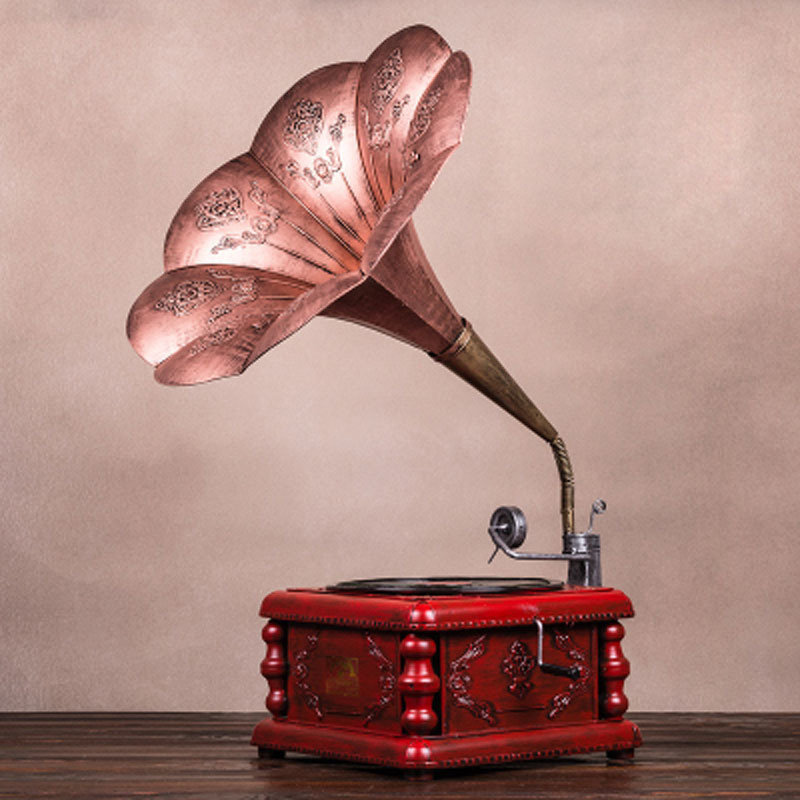 大喇叭留声机模型黑胶老式电唱机摆件复古铁皮留声机家居软装批发