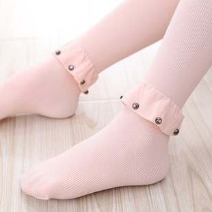 春秋款加厚纯棉儿童连裤袜女童花边袜白色宝宝丝袜女童打底裤袜子