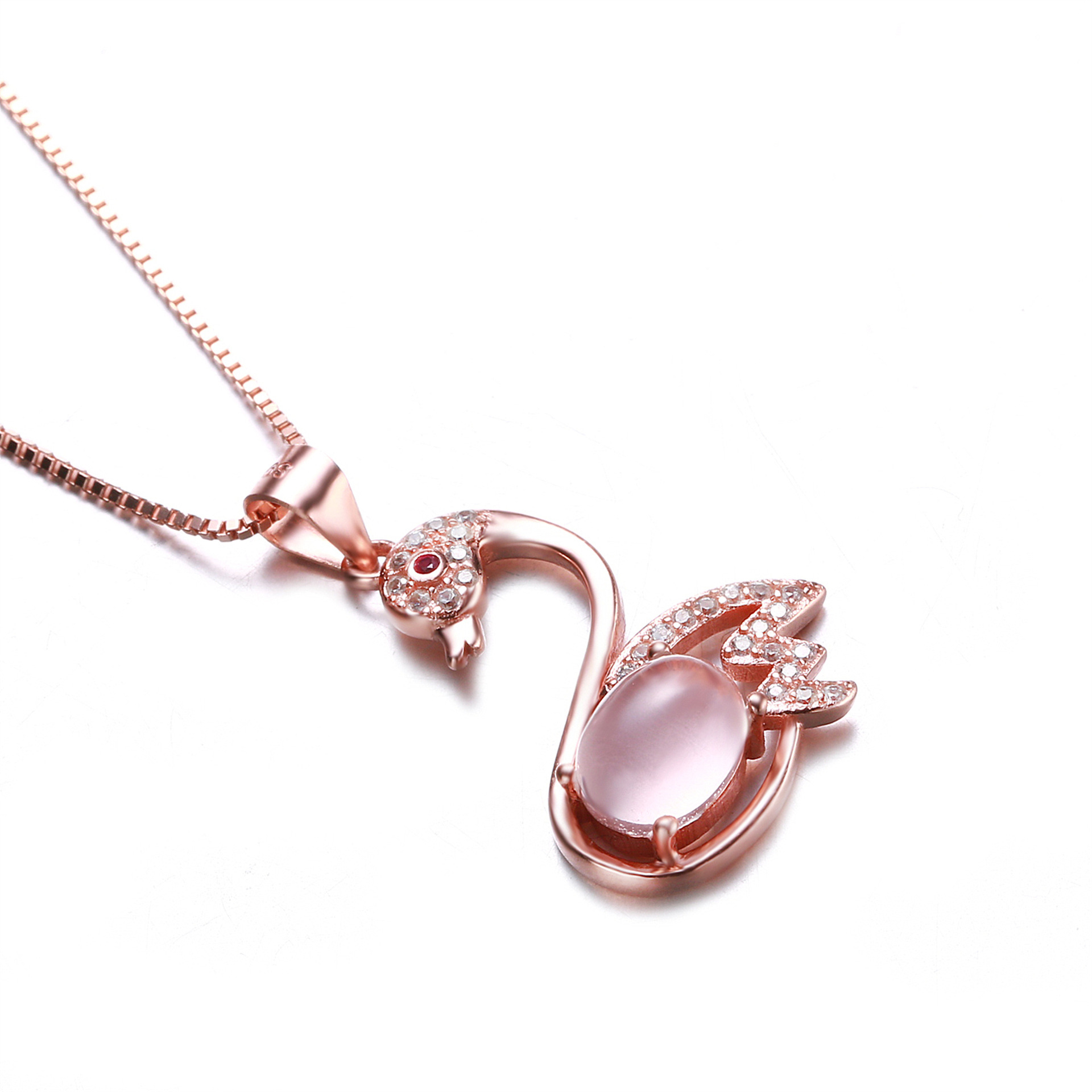 天然粉水晶天鹅吊坠925镀玫瑰金项链芙蓉石锁骨链女创意配饰批发