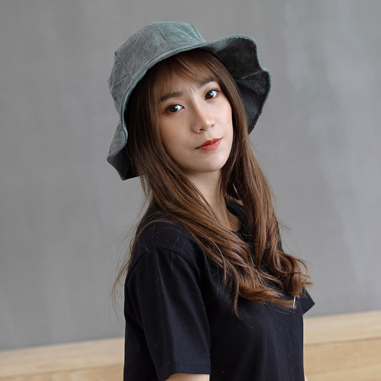 秋冬女士荷叶边渔夫帽春夏日系百搭帽子 户外防晒灯芯绒帽可折叠