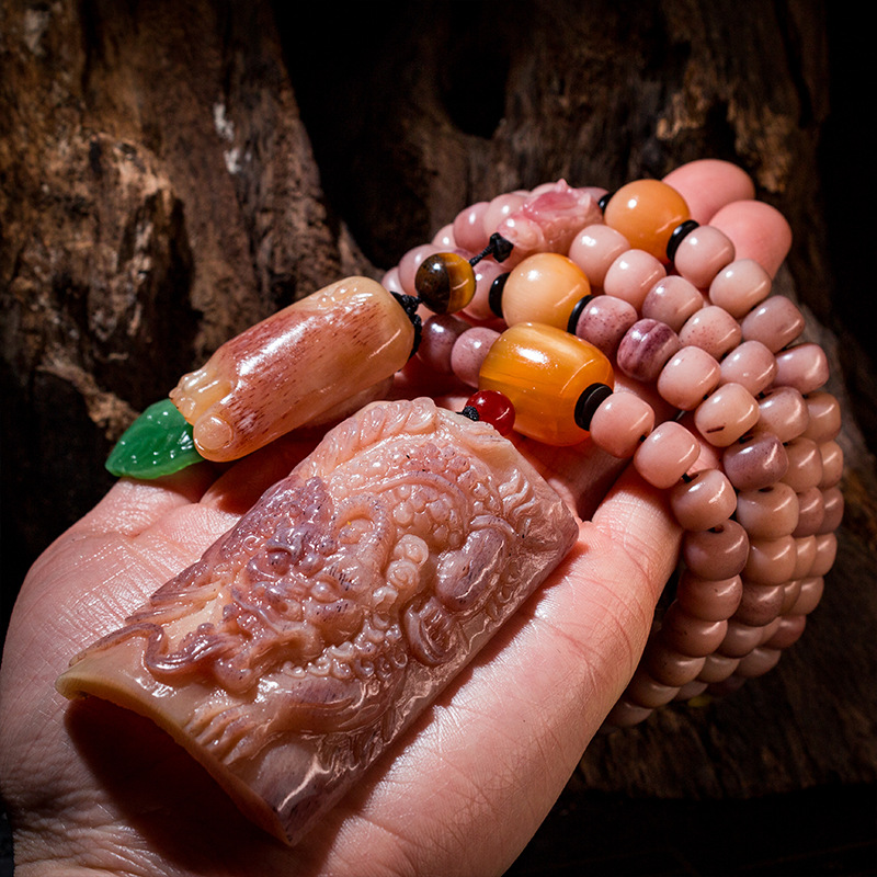 天然老料紫血骆驼骨108颗佛珠手链长串念珠搭配山龟三通貔貅吊坠