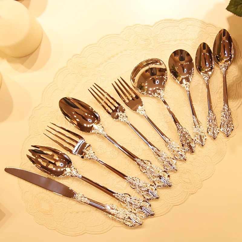 宏宣宫庭刀叉欧美玫瑰欧式西餐刀叉汤勺银色套装复古勺子餐具创意