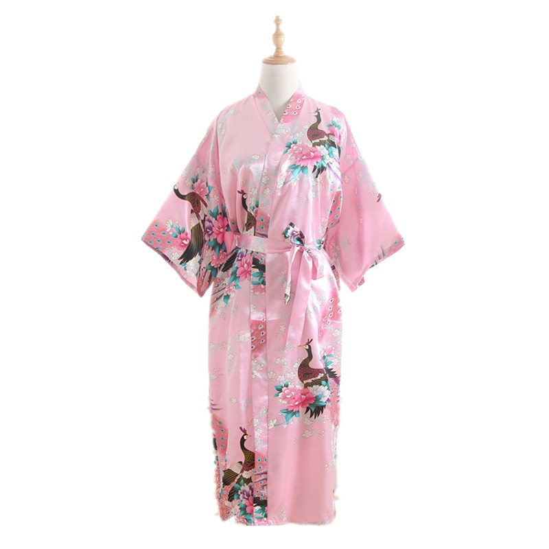 Foreign Trade Cross-Border Peacock Long Free Size Nightgown Artificial Silk Summer Single Japanese Kimono Open Robe