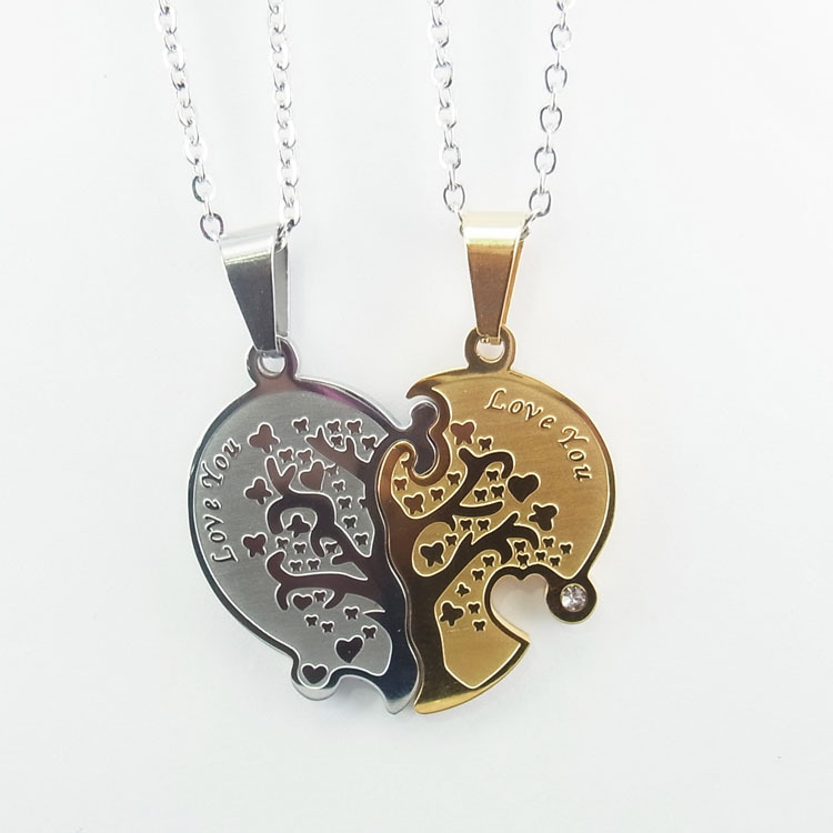 love you双心情侣吊坠 树形图案钛钢创意情侣礼品