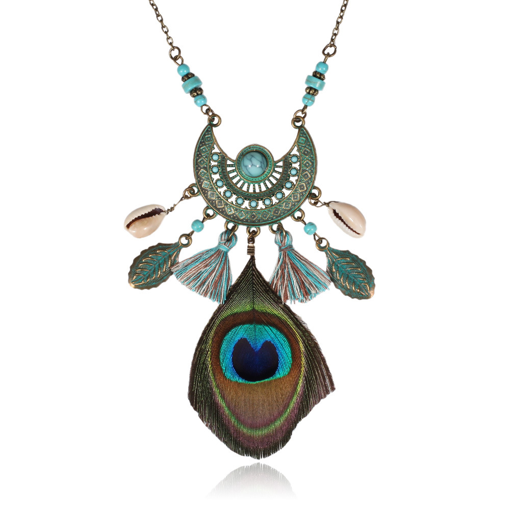 孔雀羽毛项链漂亮高档仿绿松石复古流苏羽毛项链波西米亚风情饰品