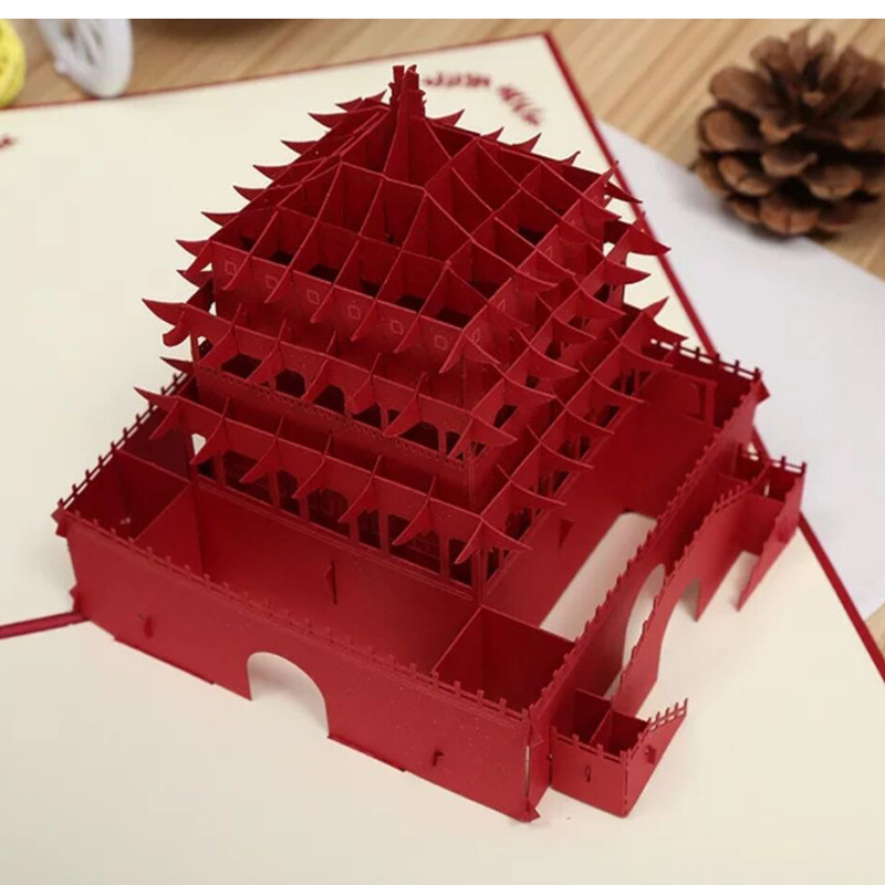 厂家供货 西安钟楼3d立体创意镂空纸雕建筑贺卡景点旅游热销卡片