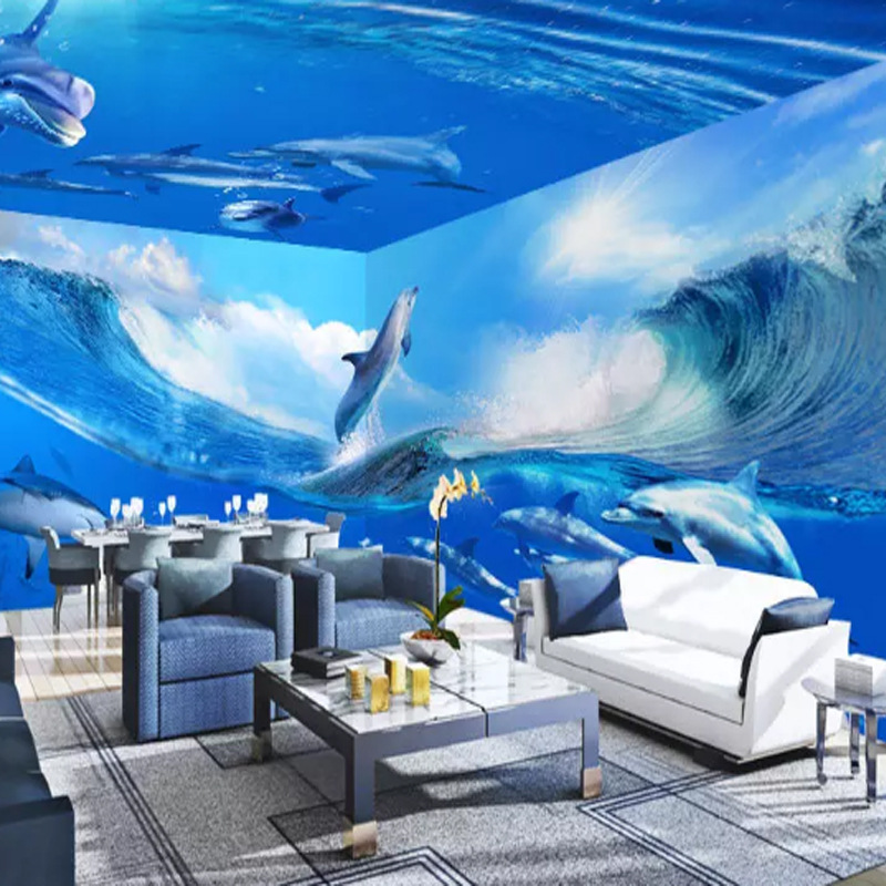 梦幻蓝色海洋海底世界主题馆3d空间儿童房背景墙游泳馆墙纸壁画