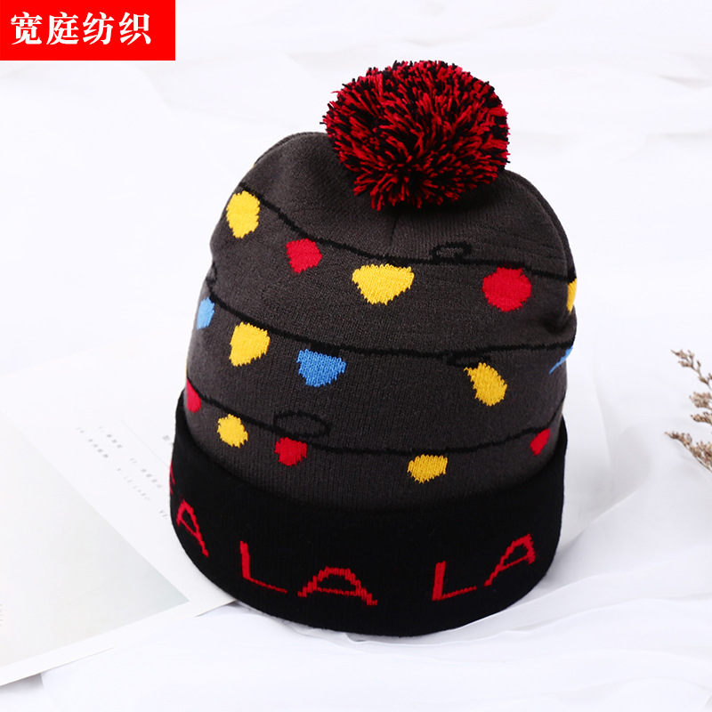 Knitted Hat Customized LED Christmas Lights Knitted Hat Autumn and Winter Ski Fur Ball Acrylic Jacquard Hat