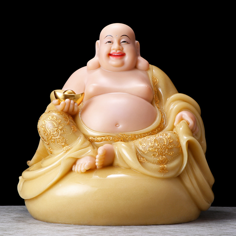 圆通佛具汉白玉石粉压铸玉黄镶金弥勒佛笑佛大肚弥勒尊佛像批发