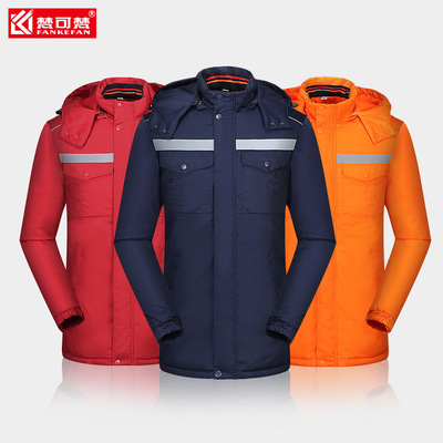 梵可梵冬季中长款反光条棉衣工作服劳保服加厚保暖带帽工服棉服