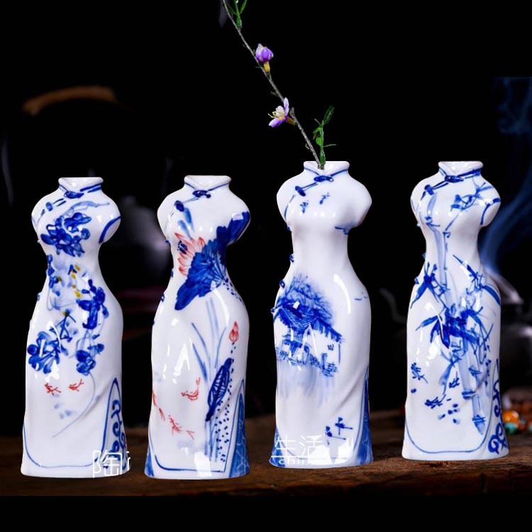 陶瓷花瓶工艺品摆件景德镇陶瓷创意青花瓷人物花瓶民族风旗袍美女