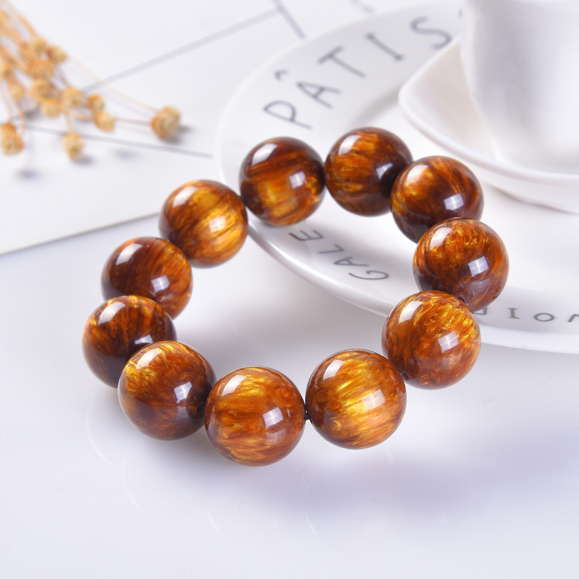 海柳金丝佛珠圆珠手链金丝琥珀手链粉压金丝海柳手串