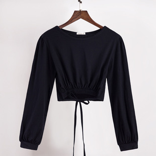 大码系带短款t恤女生秋季露腰长袖上衣高腰衣服露脐宽松纯棉大领