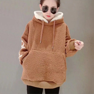 冬装女新款小个子连帽羊羔毛加绒卫衣加厚保暖宽松外套