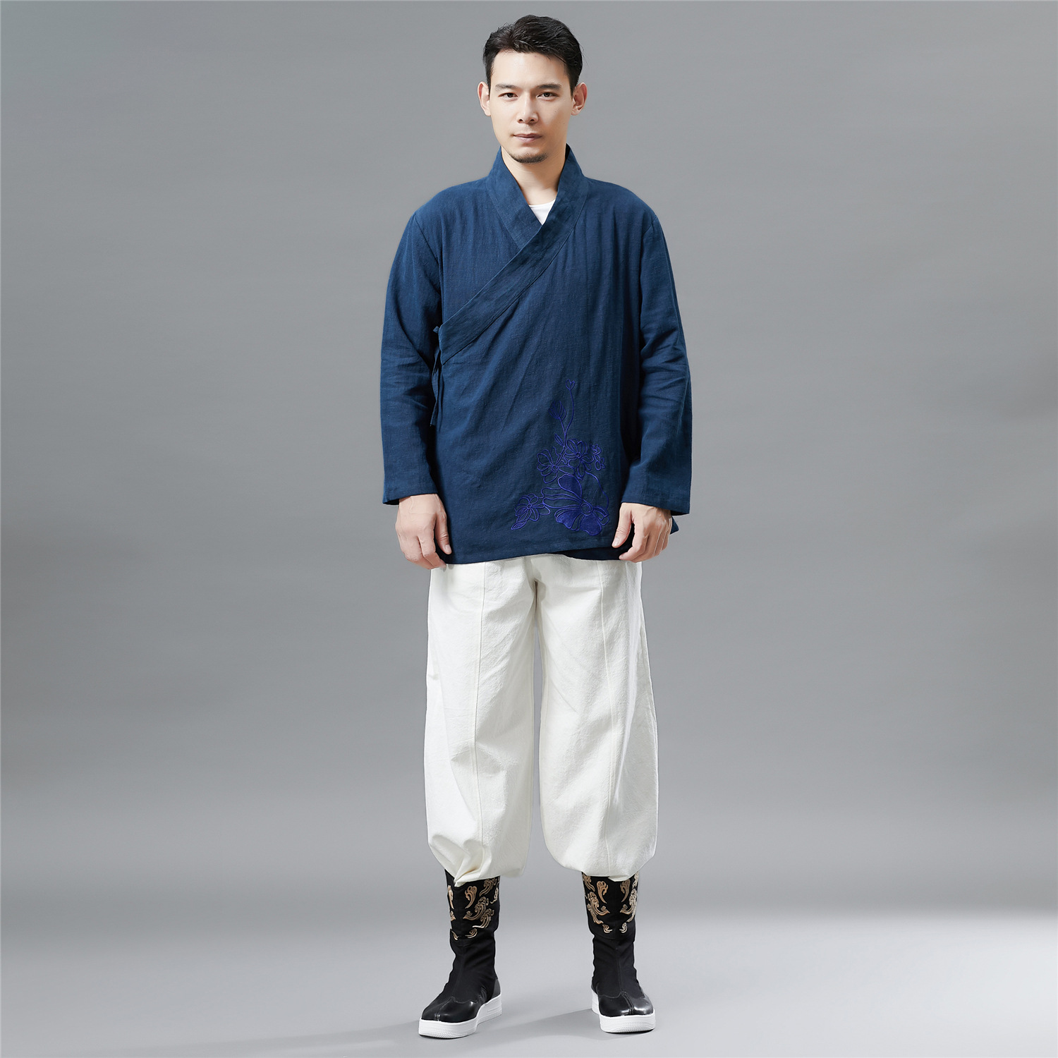 原创衣襟配刺绣设计 男绣花汉服 中国风苎麻汉服立领民族服装