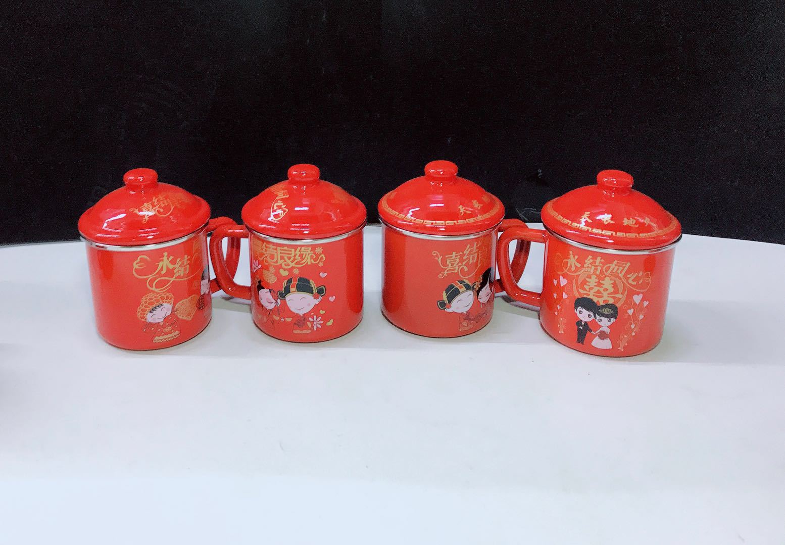 搪瓷包边喜庆大红盖杯喜结良缘搪瓷双喜杯 喜庆礼品搪瓷杯婚庆用