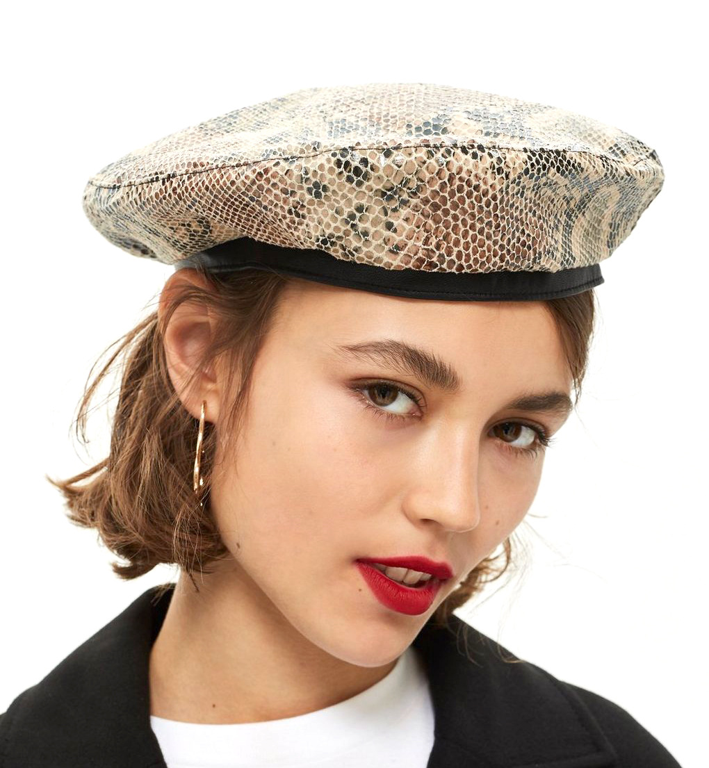 时尚新款欧美风蛇皮纹路平顶帽百搭个性贝雷帽秋冬皮质防风帽女帽子女