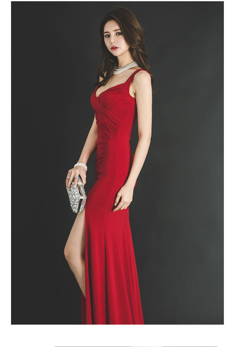 夏秋韩版新款修身性感高开叉长裙吊带v领高腰连衣裙礼服