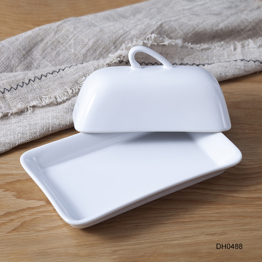 4寸长方形小碟子陶瓷厂家 简约西式黄油盘带盖定制logo黄油碟餐具