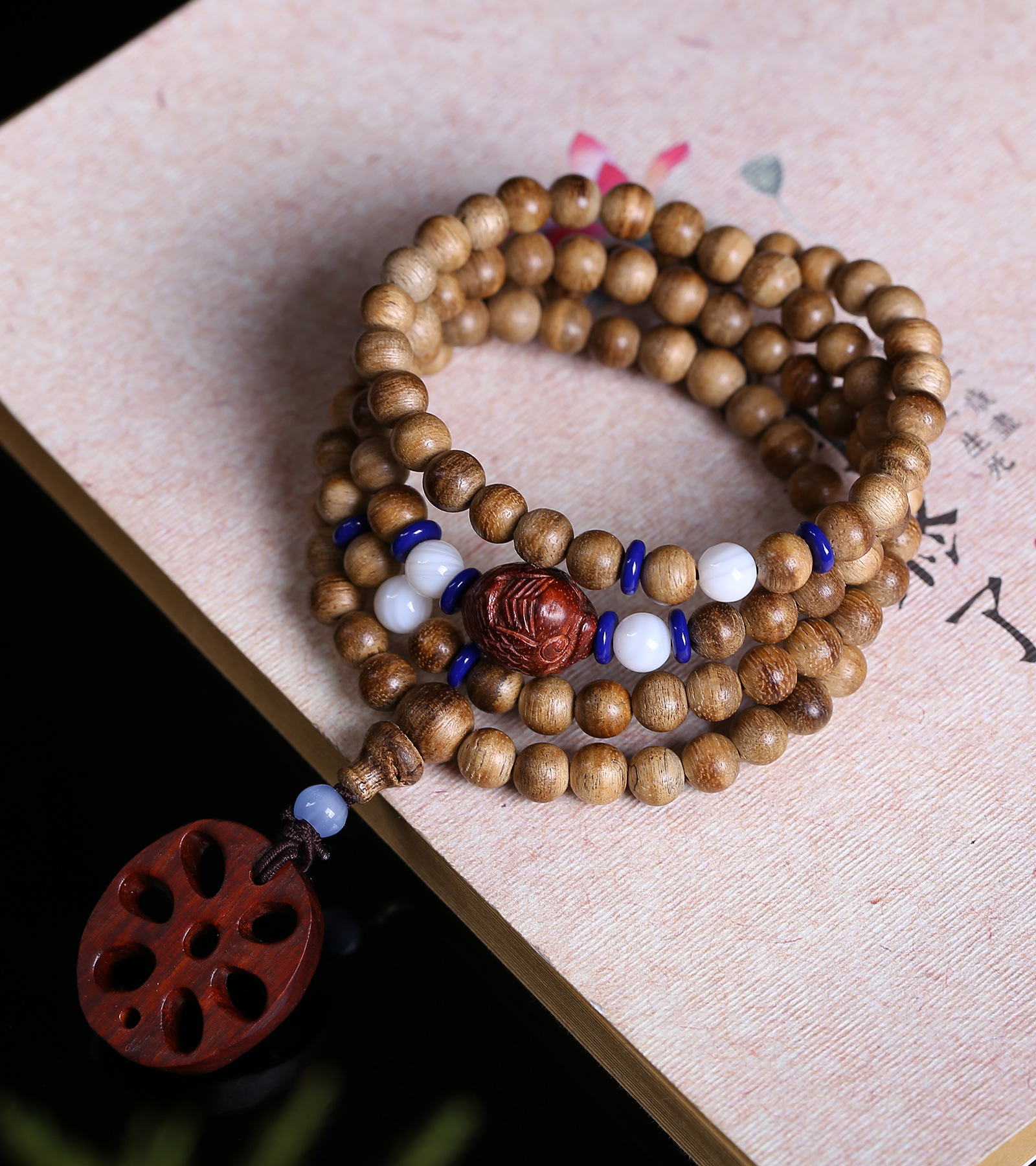 越南芽庄沉香手串6mm108颗佛珠手串搭配小叶紫檀藕片吊坠香味醇厚