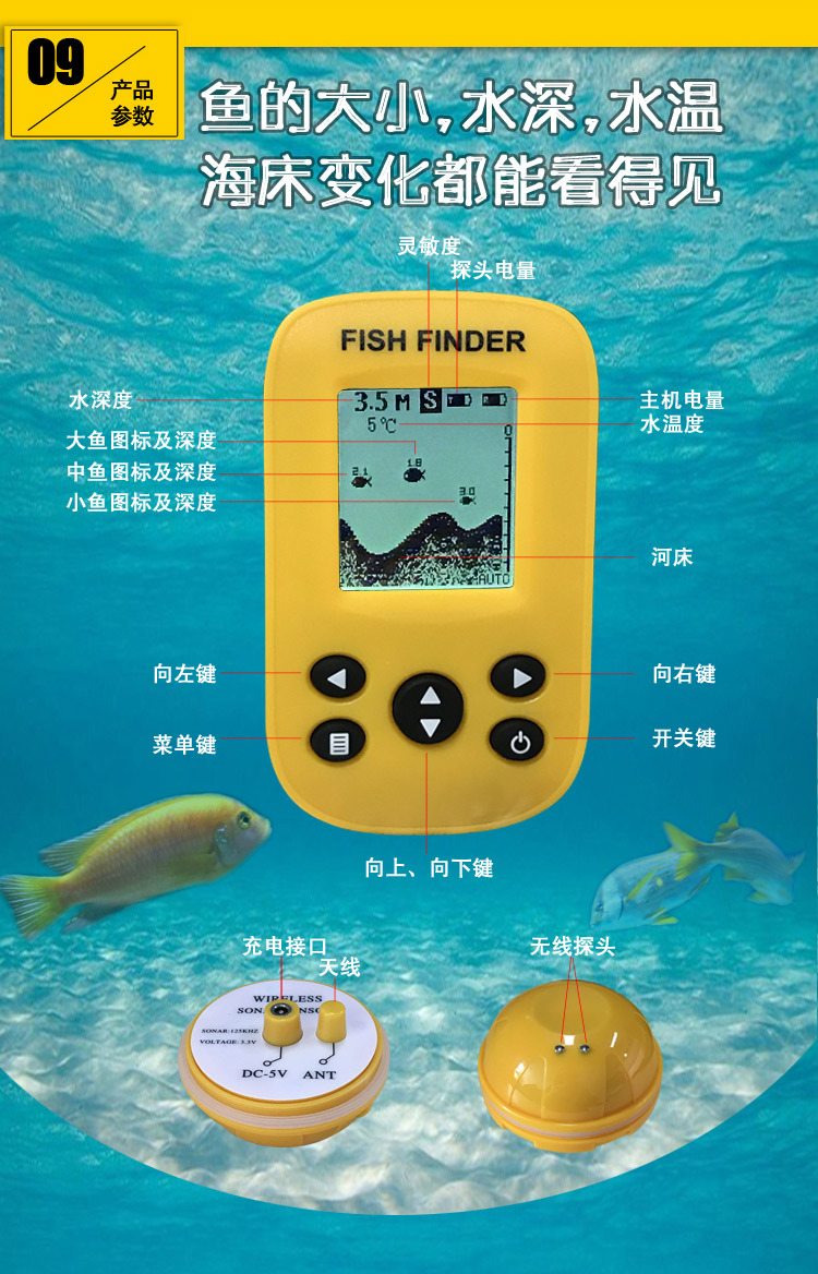 探鱼器声纳无线可视高清鱼群探测器垂钓声呐钓鱼器找鱼器中文
