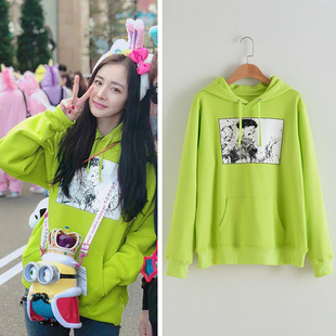 2019秋装杨幂同款绿色连帽卫衣宽松型漫画印花上衣韩版学生范女