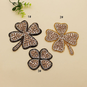 现款精美手工钉珠四叶草布贴diy水钻钉珠衣服装饰补丁贴可定制