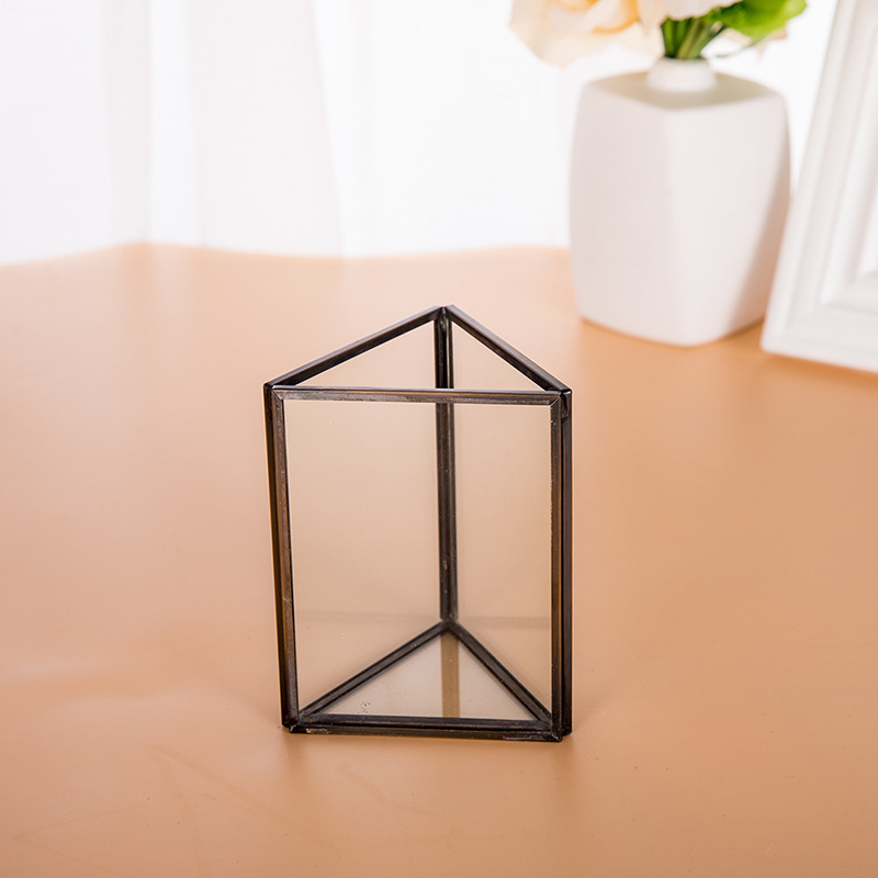 欧式复古铜色桃心边框玻璃收纳笔筒仿旧青古铜三棱柱无盖笔筒组合