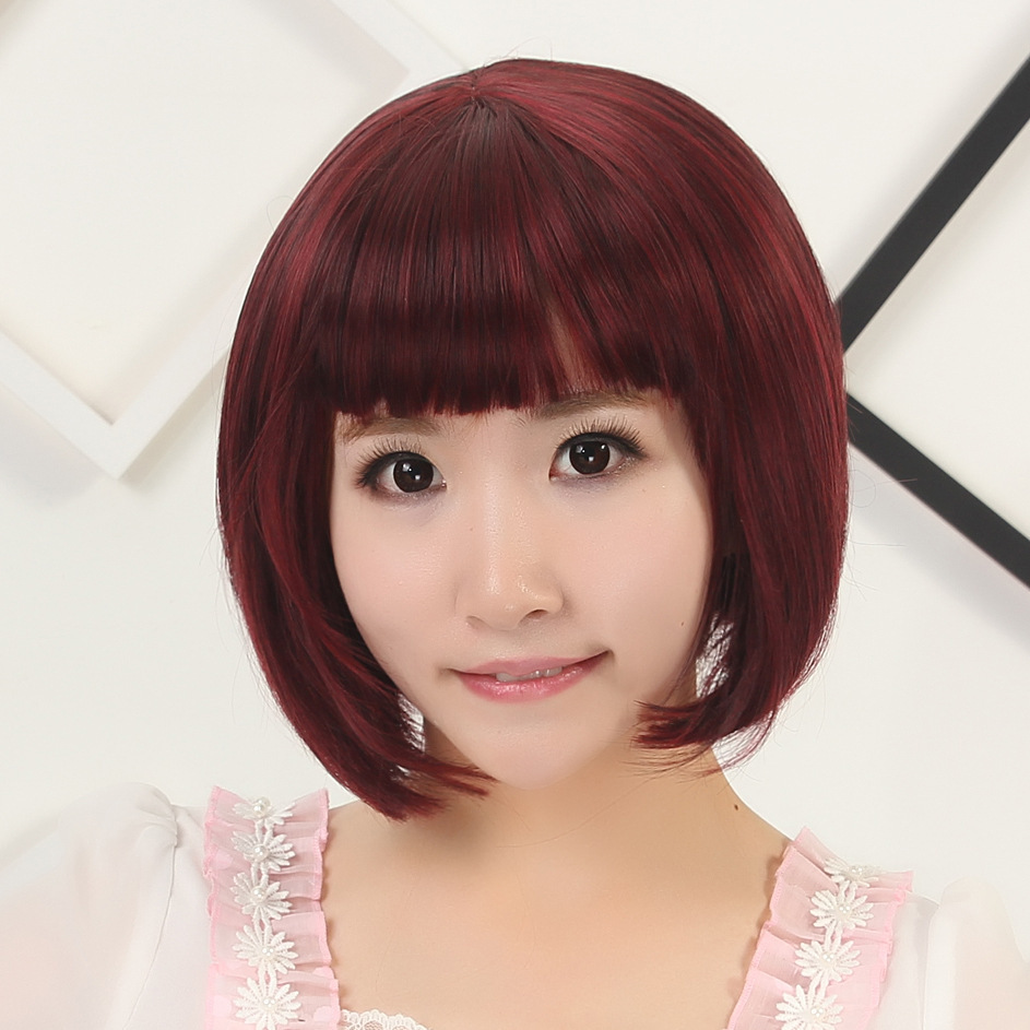 玫瑰网女士假发头套 酒红色波波头齐刘海短发假头套