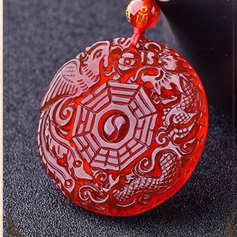 红玛瑙龙凤八卦吊坠玉牌红玉髓玛瑙太极五行龙凤八卦挂件玉佩