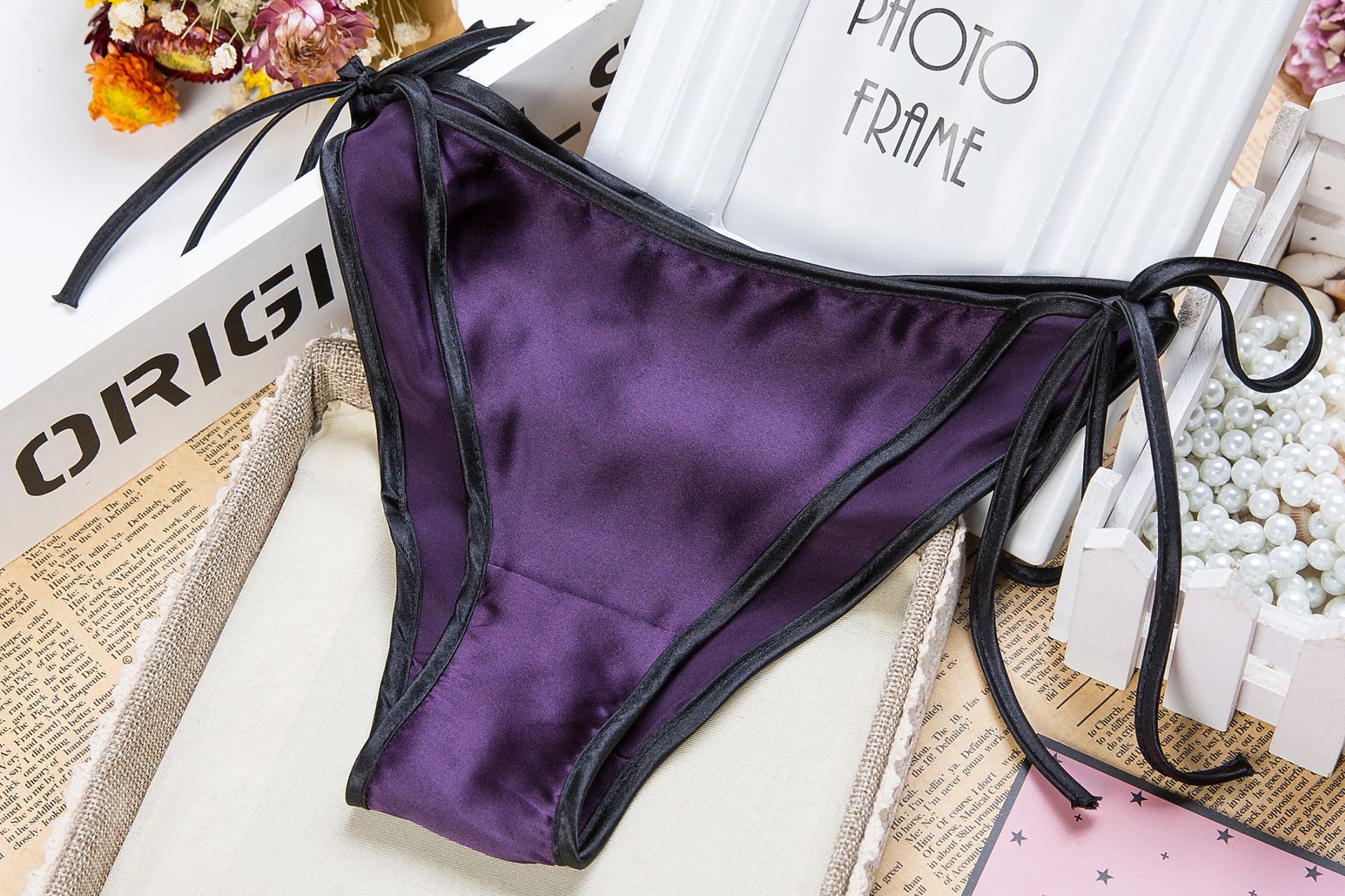 性感内裤 桑蚕丝内裤 女低腰无痕 系带真丝三角裤