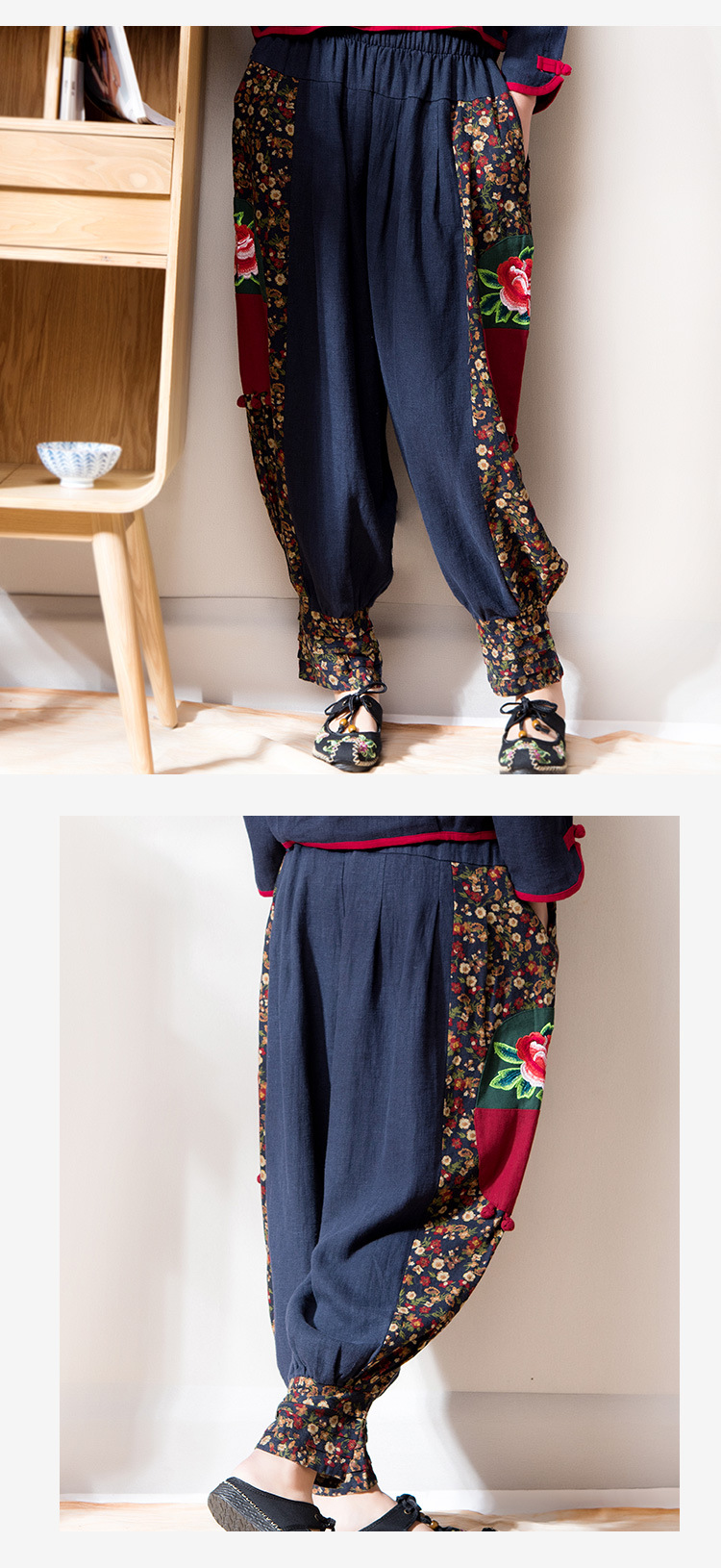 2018春夏新款棉麻民族风女装灯笼裤绣花拼接女裤