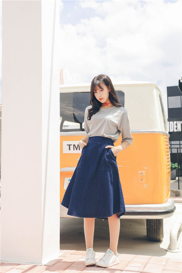 春季学院风百搭松紧腰半身裙韩版高腰显瘦a字裙经典款过膝牛仔裙