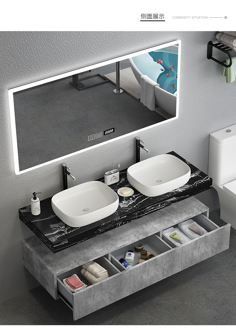 佛山厂家直销酒店工程定制实木大理石洗手台洗漱台卫浴柜配led镜