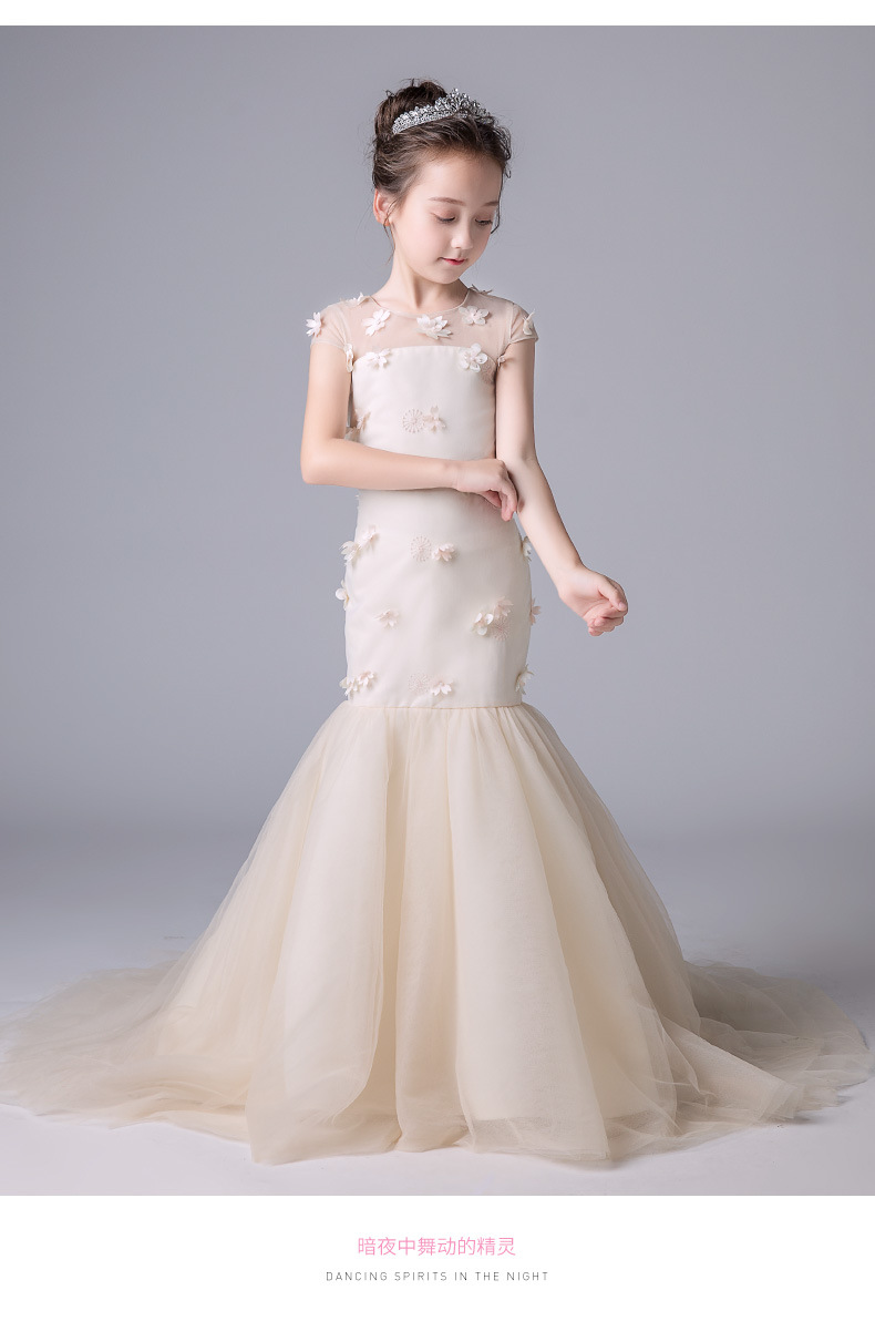 儿童礼服公主裙婚纱裙拖地拖尾长裙女童米色演出服晚礼服
