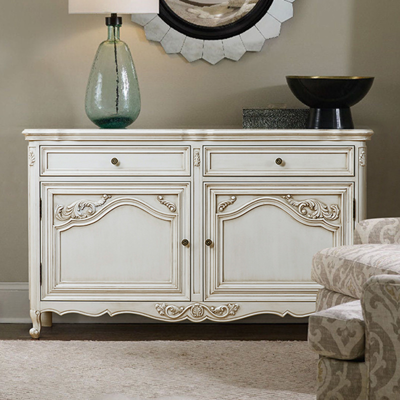 法式实木做旧白色餐边柜欧式复古玄关柜 美式乡村实木雕花装饰柜